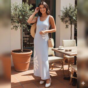 Mon Renn Sleeveless Symbolic Knit Sweater Dress Heron Blue Size Small NWT